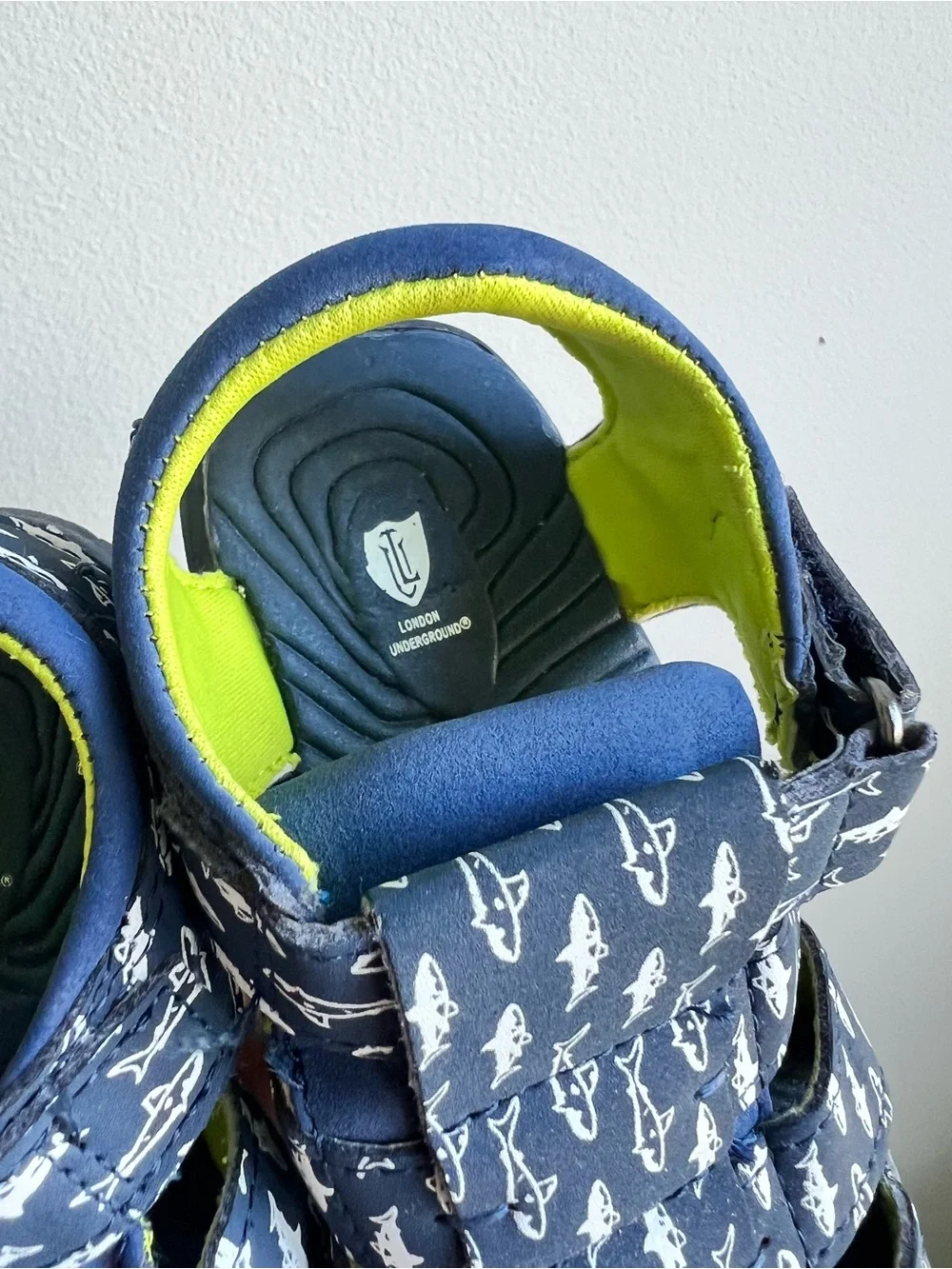 Kids Shark-Print Navy Sandals with Lime Accent